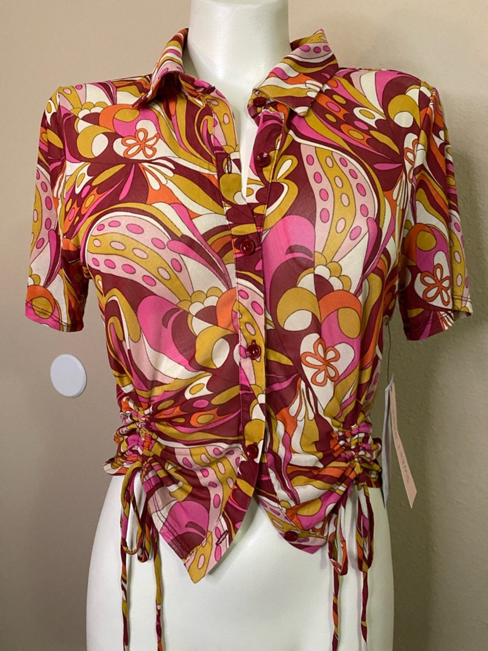 Sweet Rain Paisley Pucci Print sheer mesh button front short sleeve Top M ❤️💕